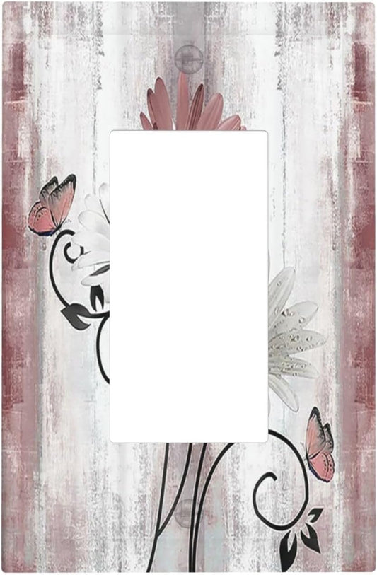 Decorative Outlet Covers Pink White Daisy Butterfly Wood Grain 1 Gang Single Rocker Light Switch Cover Plate Wall Plates GFCI Faceplate for Farmhouse Bathroom Decor