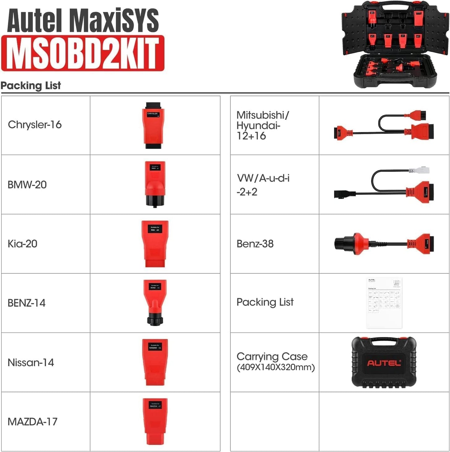 Autel MaxiSys MSOBD2KIT Non-OBDII Adapter Kit, 9PCS OBD Diagnostics Connectors w/Rugged Blow-Molded Carrying Case, Support All Autel Scanners MSUltra MS919 MS909 Elite II MS906 Pro MK808S MX900 MK900