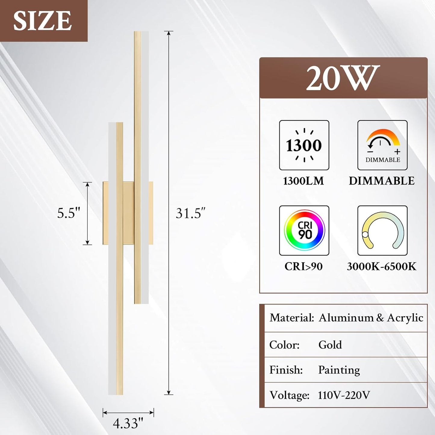 LED Wall Sconce Gold Modern Remote Wall Light Fixtures for Living Room, Dimmable LED Vanity Light Indoor Remote Wall Sconce for Bedside Bedroom Bathroom Dining Room, 31.5inch 1 Pack