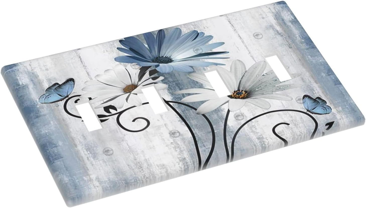 Decorative Light Switch Cover Plate Rustic Blue White Daisy Ink Flower 4 Gang Wall Plates for Electrical Outlets Quad Toggle Switch Plate Covers Outlet Covers Faceplate for Bedroom Home Decor