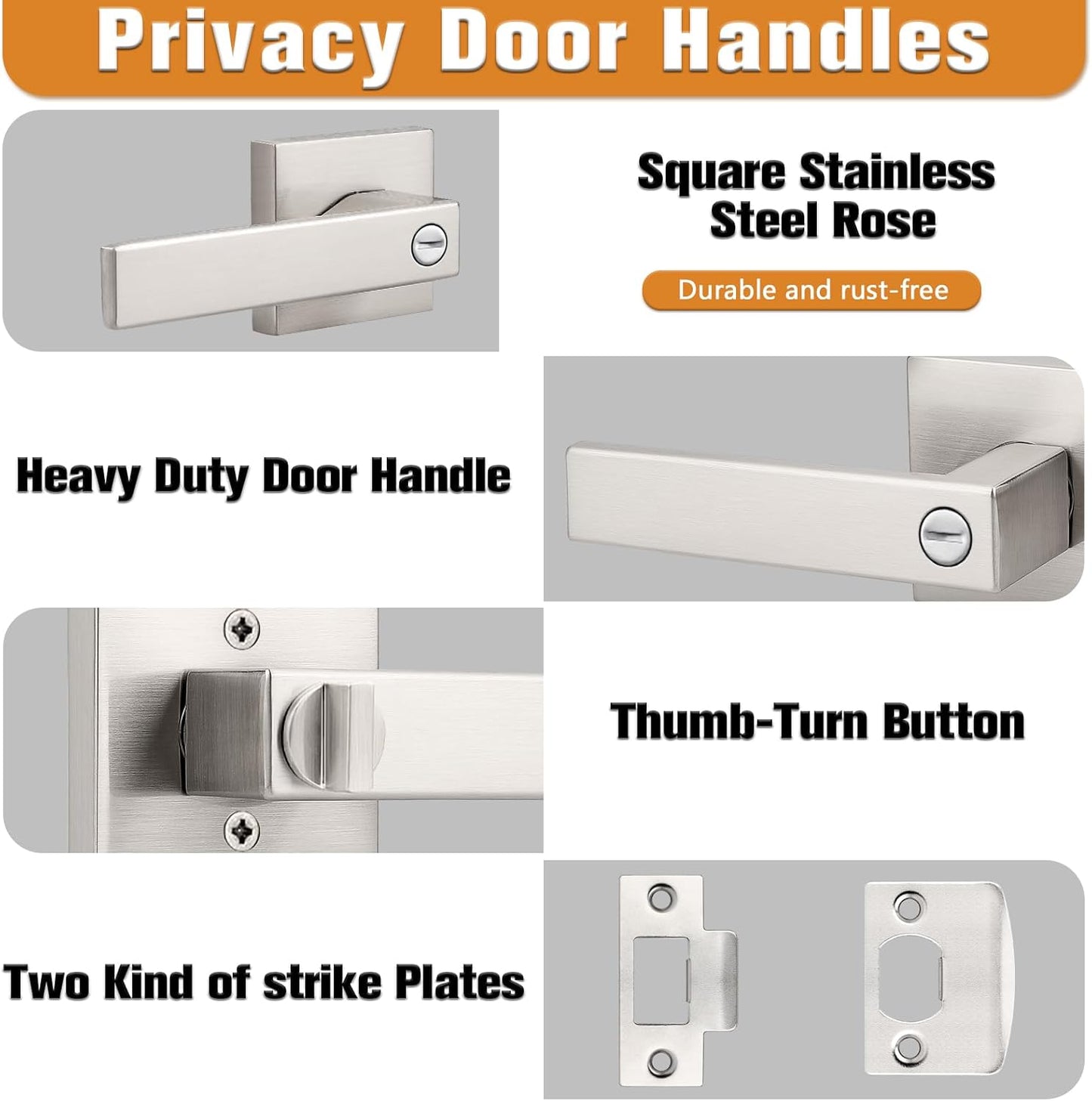 Probrico Interior Brushed Nickel Door Handle, Heavy Duty, Flat Square Privacy Door Handles, Keyless Door Levers Lockset for Bedroom and Bathroom (4 Pack, Modern)