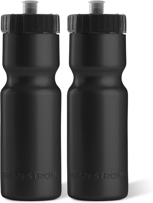 50 Strong Sports Water Bottles – Reusable 22 oz BPA-Free Plastic Bottles with Pull Top Cap – Made in USA – Top Rack Dishwasher Safe – Fits Most Bike Cages Brand