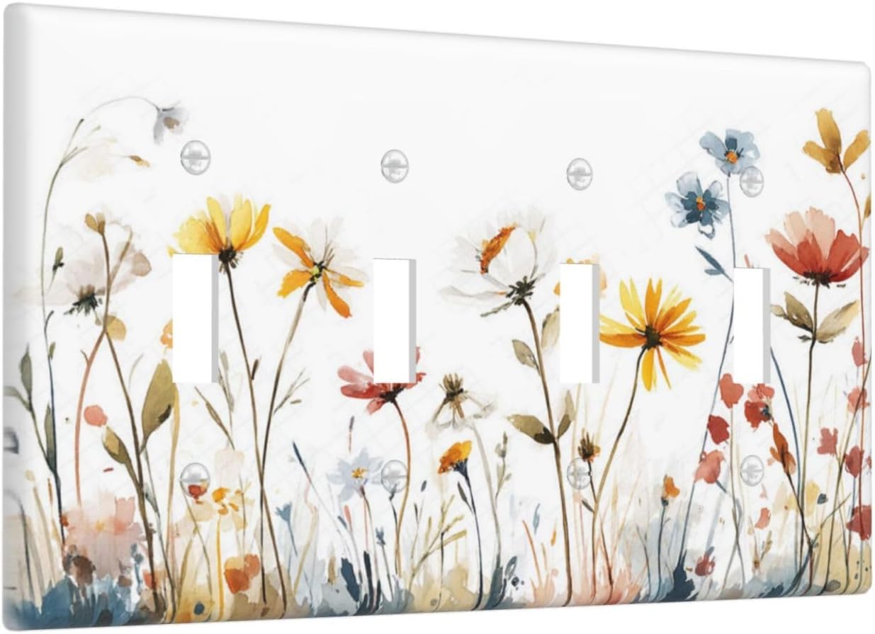 Watercolor Wildflower Colorful Floral Plant Light Switch Covers Quad Toggle Electrical Faceplate 4 Gang Wall Plate Decorative Switch Plates for Bed Room Living Room Decor