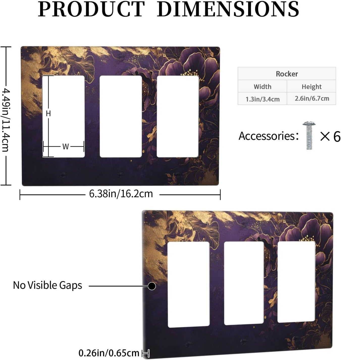 Decorative Outlet Covers Vintage Purple Peony Gold Leaf Flowers Floral 3 Gang Wall Plate Triple Rocker Light Switch Cover Plate Jumbo Electrical GFCI Face Plate for Bedroom Home Decor