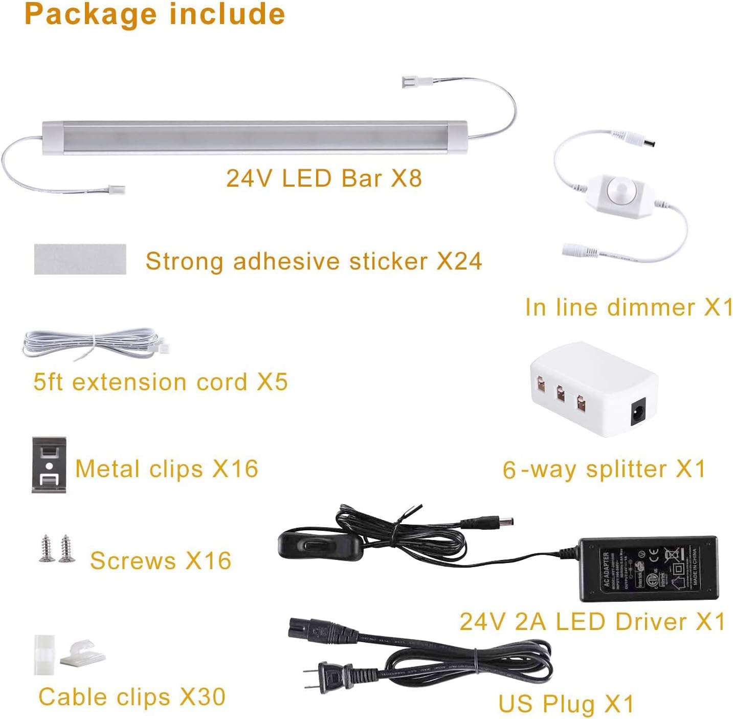 LABOREDUCER Under Cabinet Lighting Wired Plug in or Hardwired Warm White 2700K,8 Pack 11inch Linkable Dimmable LED Under Cabinet Lights with Power Adapter,24V Under Counter Lights for Kitchen