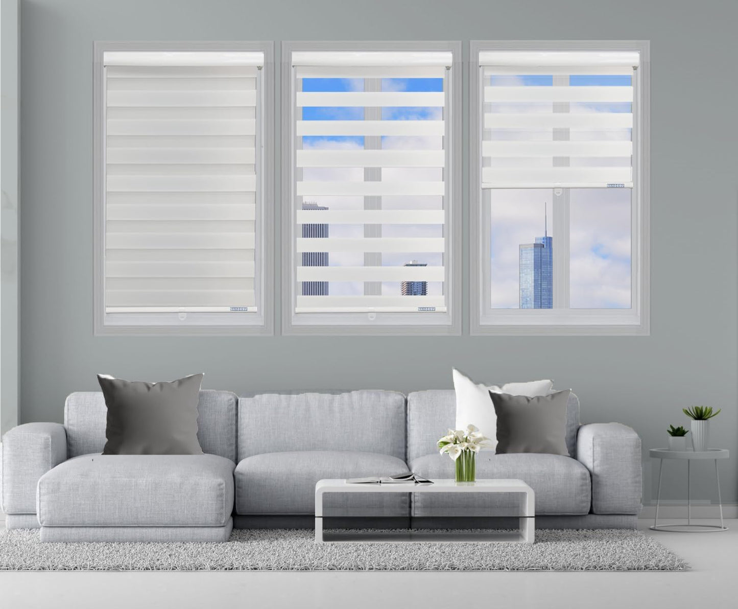 Shadesu Cordless Zebra Blinds for Windows, 38.5" W x 72" H, White, Dual Layer Free-Stop Zebra Shades, Light Control for Day and Night, Sheer Blinds for Indoor Windows, Bedroom, Kitchen