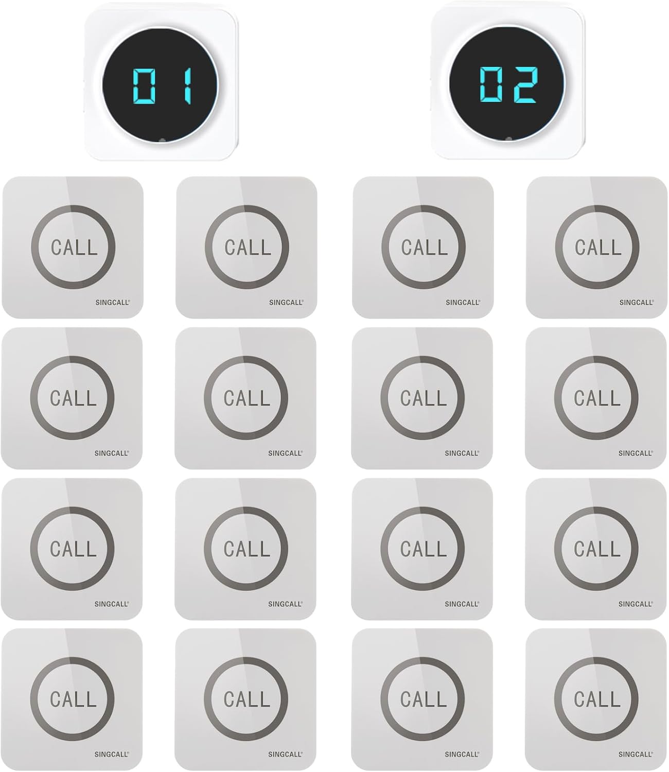 SINGCALL Restaurant Pager System Waiter Calling System Pagers and Beepers for Kitchen,Fast Food,Hotel,Restaurants,Cafe,Bar to Call Waiters 16 Waterproof Wireless Call Buttons 2 Number Display Receiver