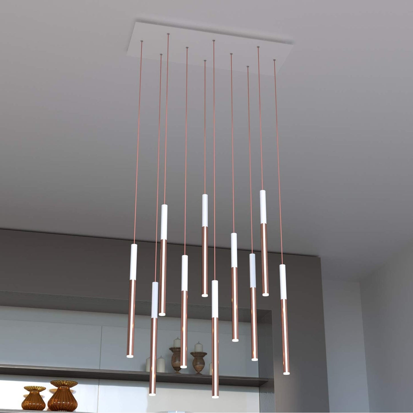ALTAIR 10 Mini Pendant Lighting White-Copper - LED Hanging Light Fixture for Kitchen Island, Bar, Foyer - Cluster Pendants - Dimmable, Adjustable Wire, Lamp Bulb Included