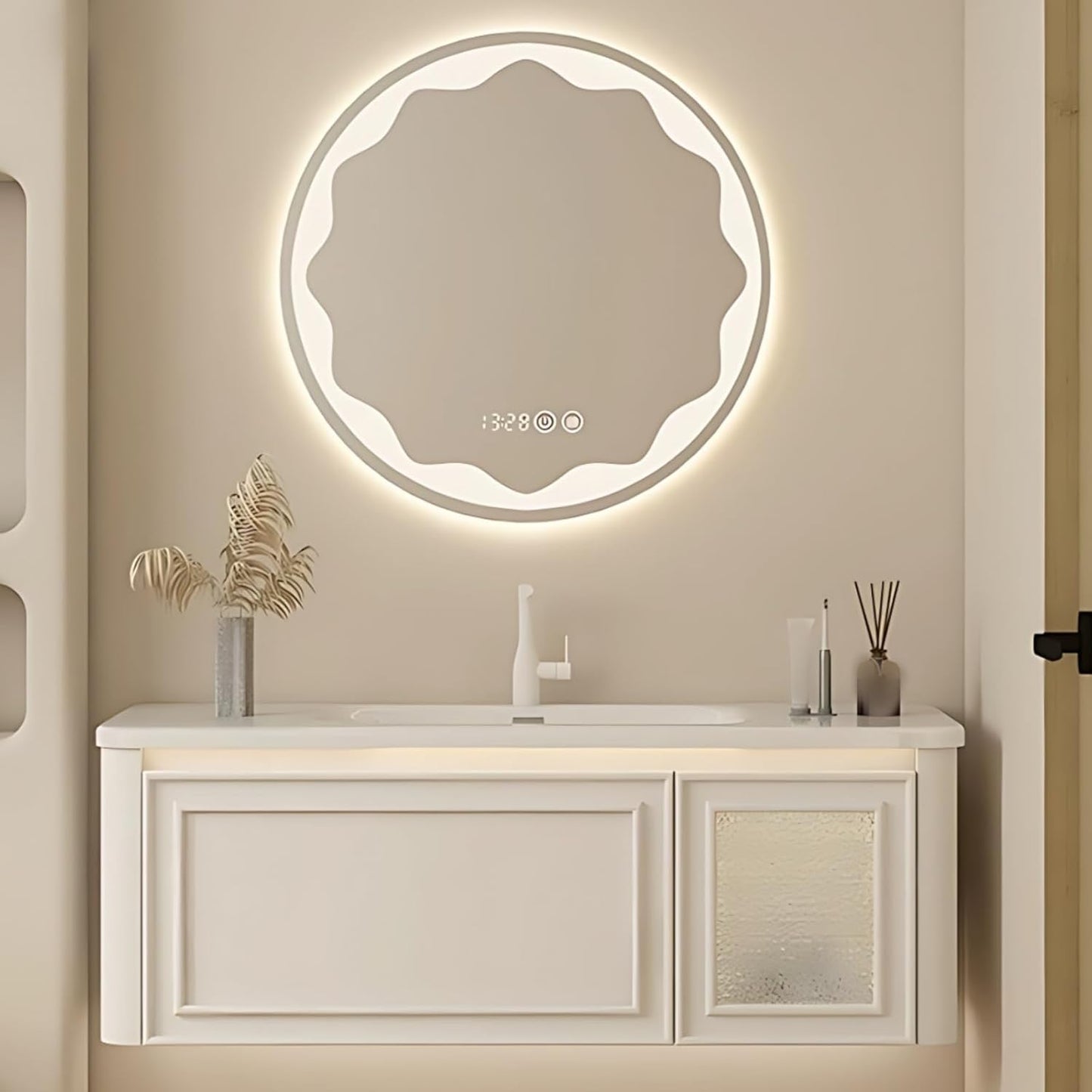48IN Wall Mounted Bathroom Vanity Set - Wood Bathroom Vanities has Tissue Hole Design | Includes Smart Defogging Mirror Cabinet & Time Display, Rounded Corners, Glass Cabinet Doors (Style C)