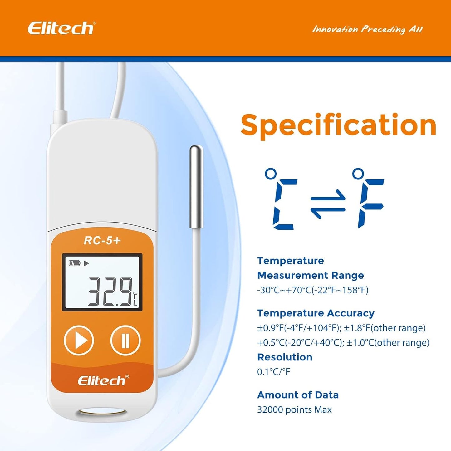 Elitech RC-5+ TE Digital PDF USB Temperature Data Logger Reusable Recorder Refrigerator Thermometer 32000 Points High Accuracy (Extra External Sensor)-100Pack