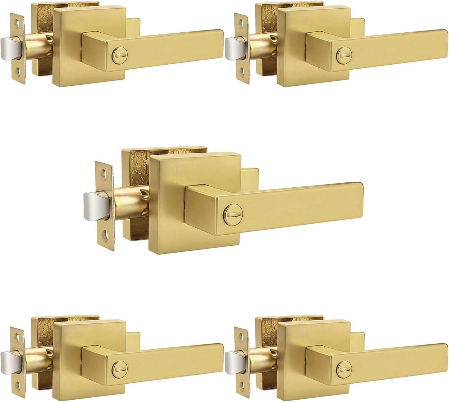 Probrico Heavy Duty Flat Gold Door Handles Square Privacy Interior Door Levers Bedroom and Bathroom Door Handles Keyless Bed/Bath Lockset (5 Pack)
