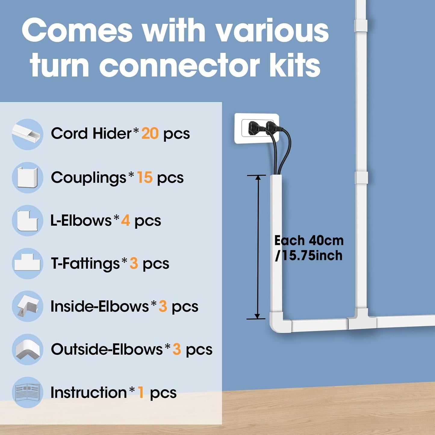 315in Cord Hider Kit, Paintable Cable Raceway, Cord Covers for Wires on Wall, Cord Hider for Wall Mount tv, tv Cable Hider Wall kit, Wire Covers for Cords, 20X L15.7in X W0.96in X H0.57in, White