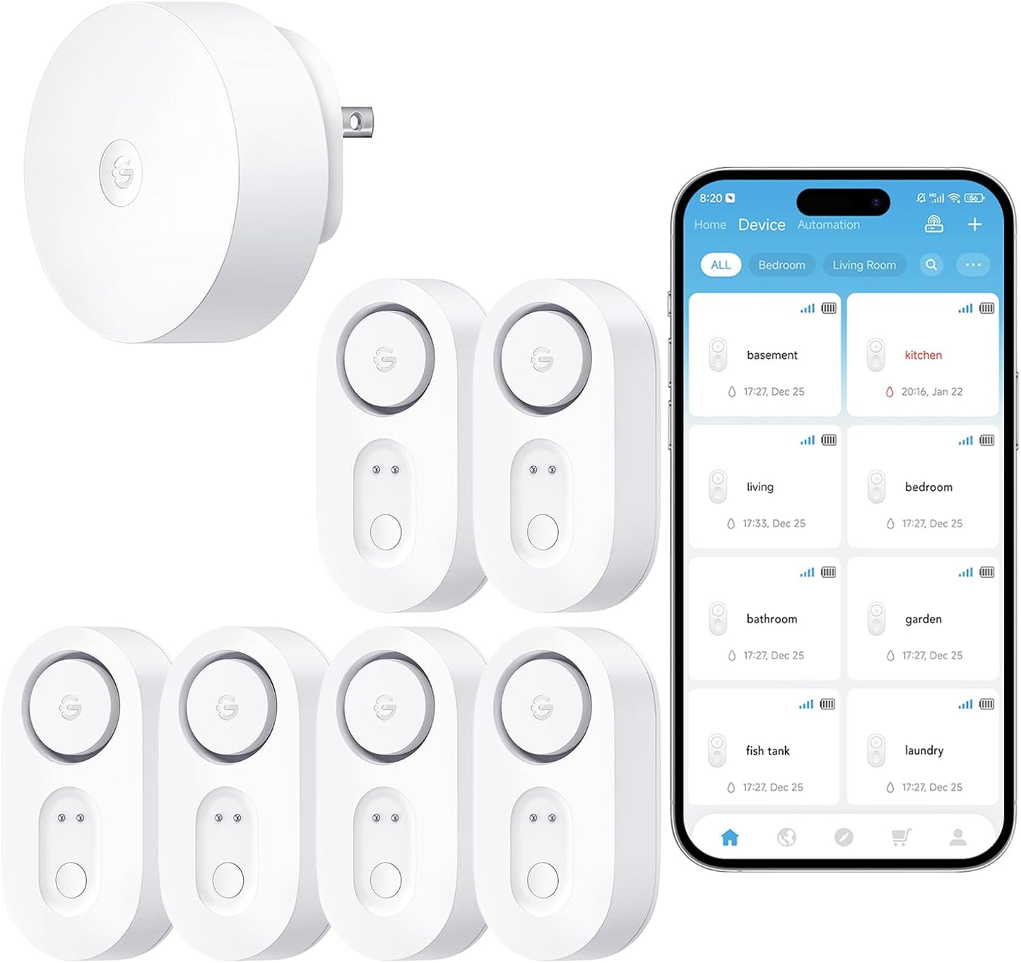 GoveeLife Upgraded Smart Water Leak Detector 1s with 1804ft Ultra-Long Range, WiFi Water Sensor with SMS/Email/APP Push and Sound Alarm, 5-Year Battery Life, Suit for Home, Basement, Kitchen, 6 Pack