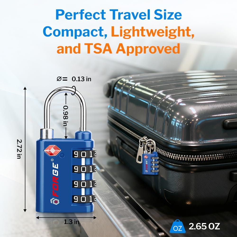 Forge Dual-Opening: Key or Combination Lock, TSA Approved Lock for Luggage, Pelican case, Travel, Gym, School, Luggage Combination Lock, Travel Bag Lock (Blue 4 Pk)