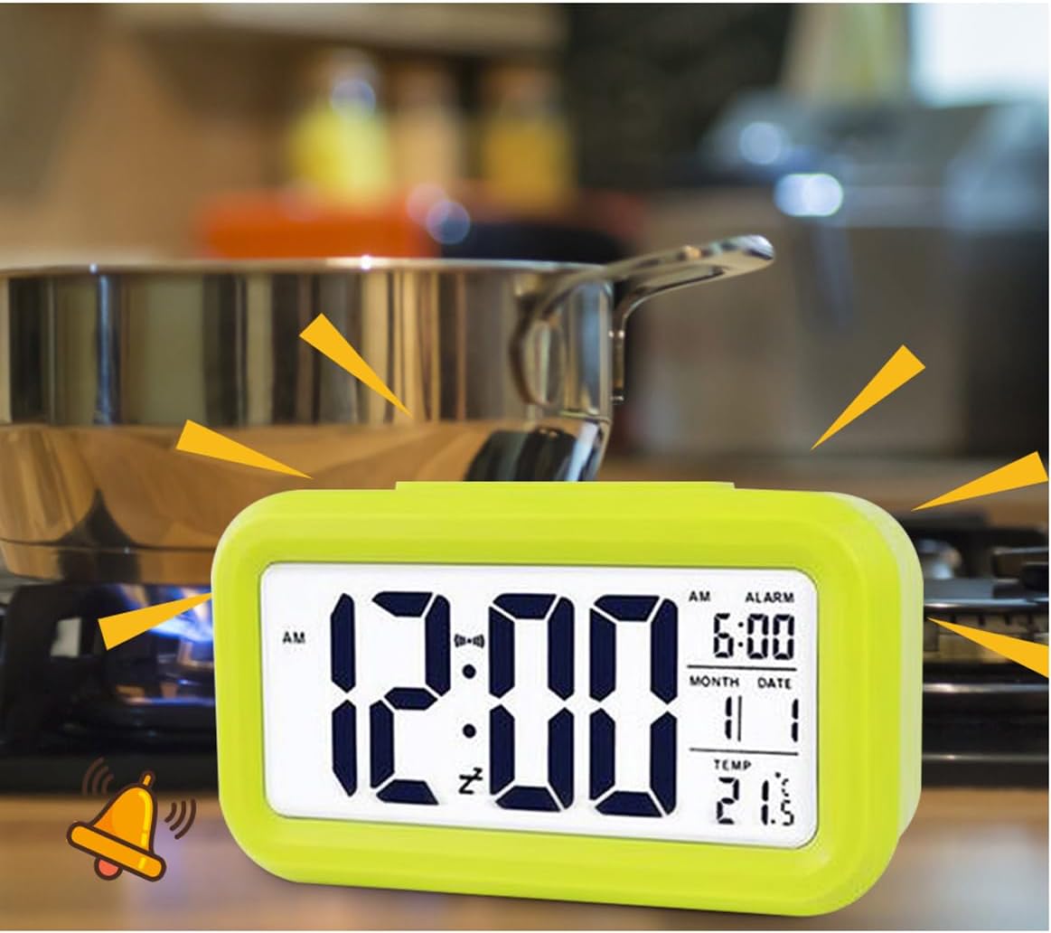 Digital Alarm Clock with LCD Display, Desk Smart Electronic Small Clock with Indoor Temperature, Date, Light Sensor, Backlight, Battery Operated, for Home Bedroom Kids Office (Green)