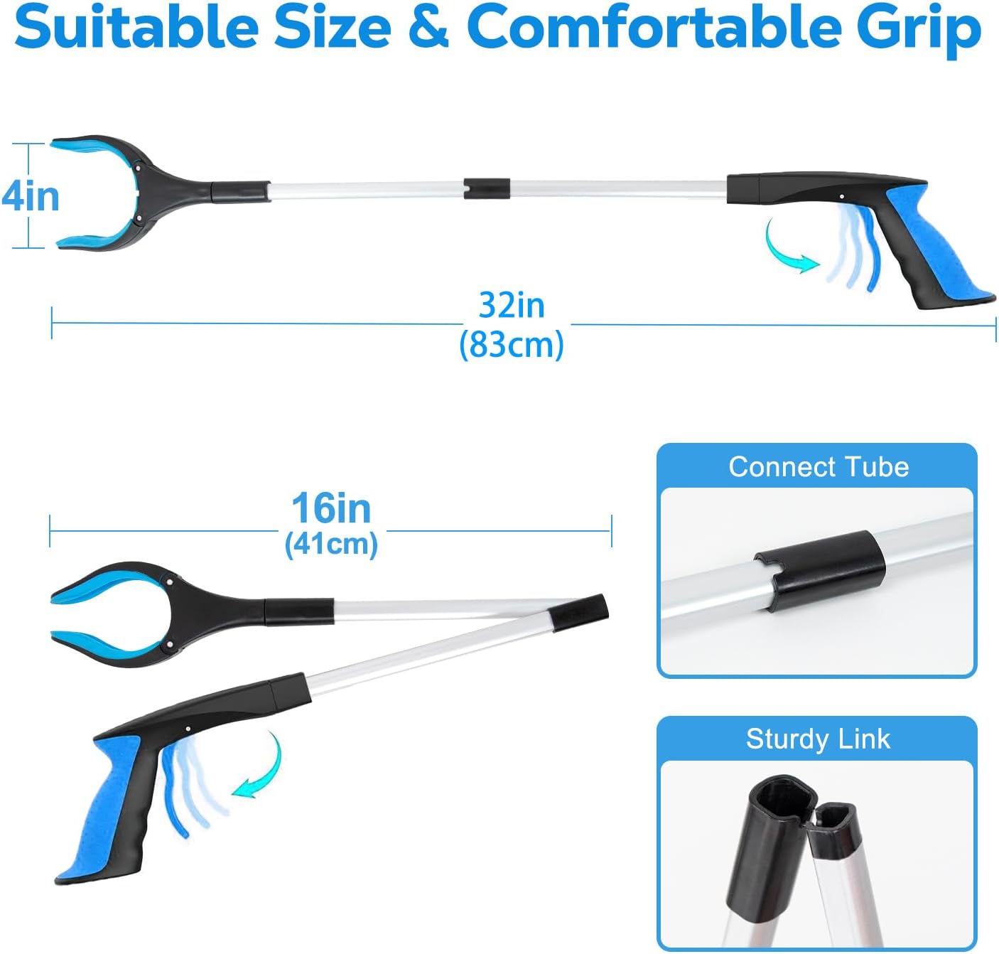 Grabber Reacher Tool - 32” Extra Long Foldable Gripper and Reaching Tool - Heavy Duty Pick Up Stick Grabbers for Seniors, Trash, Surgery Recovery Must Haves Gifts (Blue+Orange 2P)
