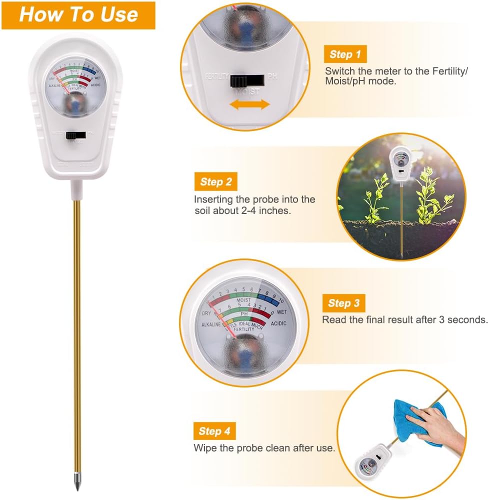 Soil Test Kit 3-in-1, Soil Moisture Meter, Soil PH Meter, Fertility Soil Tester, Soil Tester for Garden, Lawn, Farm, Outdoor & Indoor Use (Frost White)