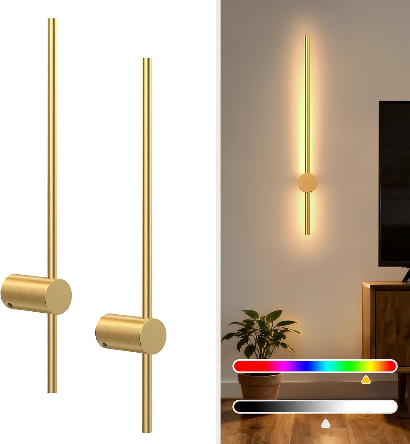 NIORSUN 24 Inch Battery Operated Wall Sconce Set of 2,Gold Minimalist Rechargeable LED Wall Lights with Remote, 10 Colors Dimmable Wireless Wall Lamp for Living Room Bedroom Hallway