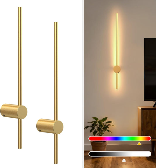 NIORSUN 24 Inch Battery Operated Wall Sconce Set of 2,Gold Minimalist Rechargeable LED Wall Lights with Remote, 10 Colors Dimmable Wireless Wall Lamp for Living Room Bedroom Hallway