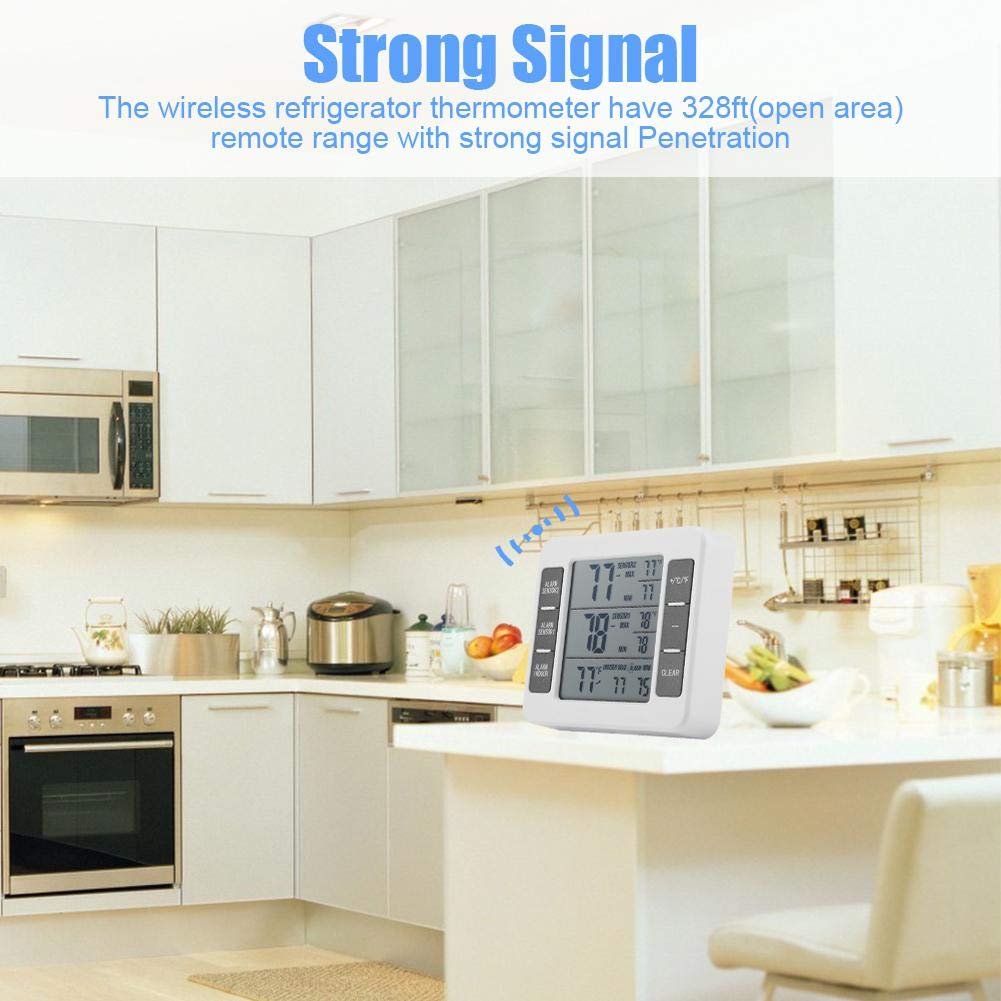 Fridge Thermometer, Digital Refrigerator Freezer Thermometer Monitor with 2 Sensors with Audible Alarm, for Indoor and Outdoor Use, Easy to Read LCD Display
