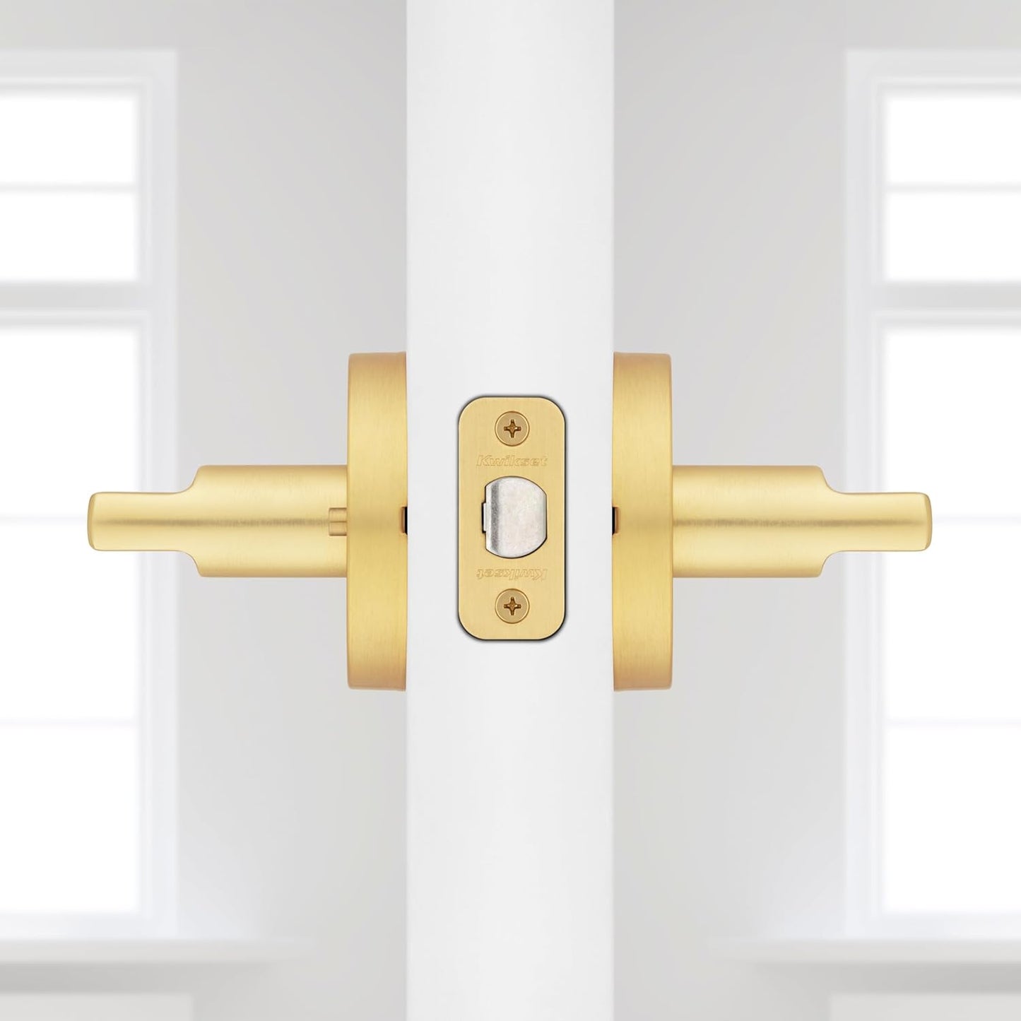 Kwikset Halifax Interior Privacy Door Handle with Lock, Door Lever for Bathroom and Bedroom, Satin Brass Reversible Keyless Push Button Lock Door Lever, with Microban Protection