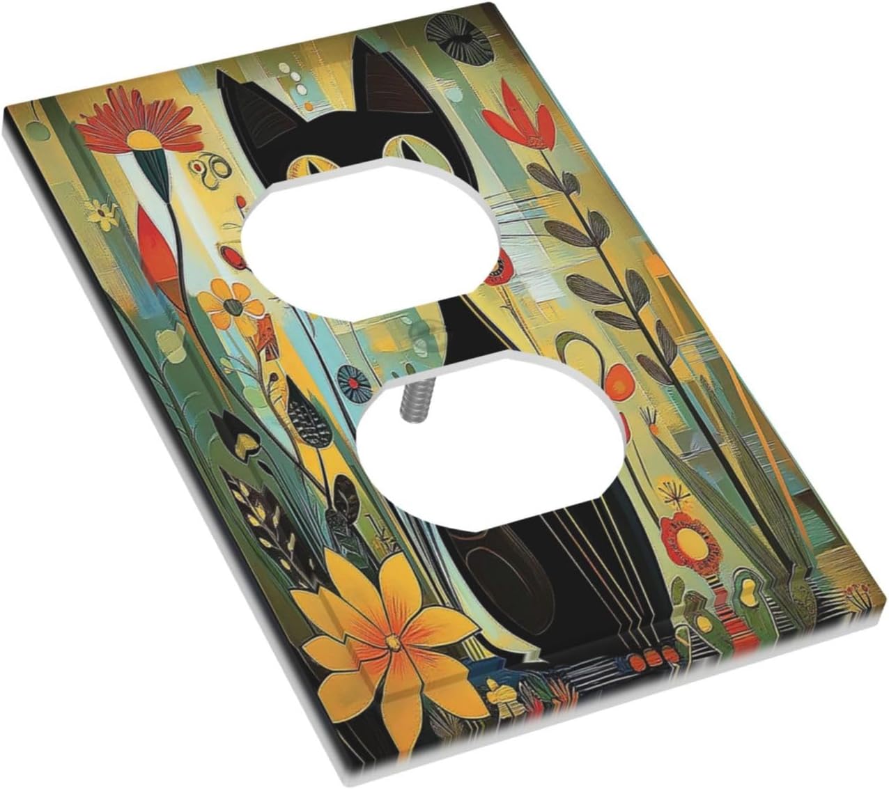 Funny Cat Retro Abstract Flowers Kitten Outlet Covers 1 Gang Duplex Light Switch Cover Decorative Switch Plates Electrical Receptacle Faceplate Wall Plate For Kids Room Bed Room Decor