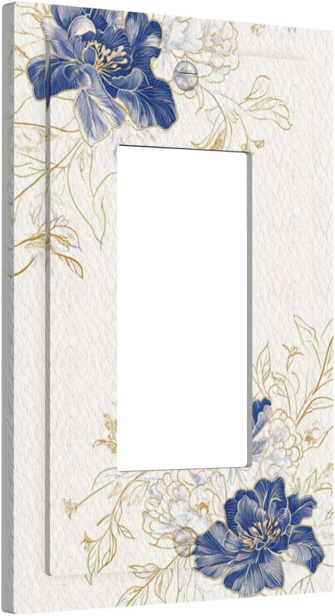 Decorative Outlet Covers Rustic Blue Flower Floral Gold Leaf 1 Gang Rocker Light Switch Cover Plate Single Wall Plates for Electrical Outlets Switch Plate Covers Faceplate for Home Decor