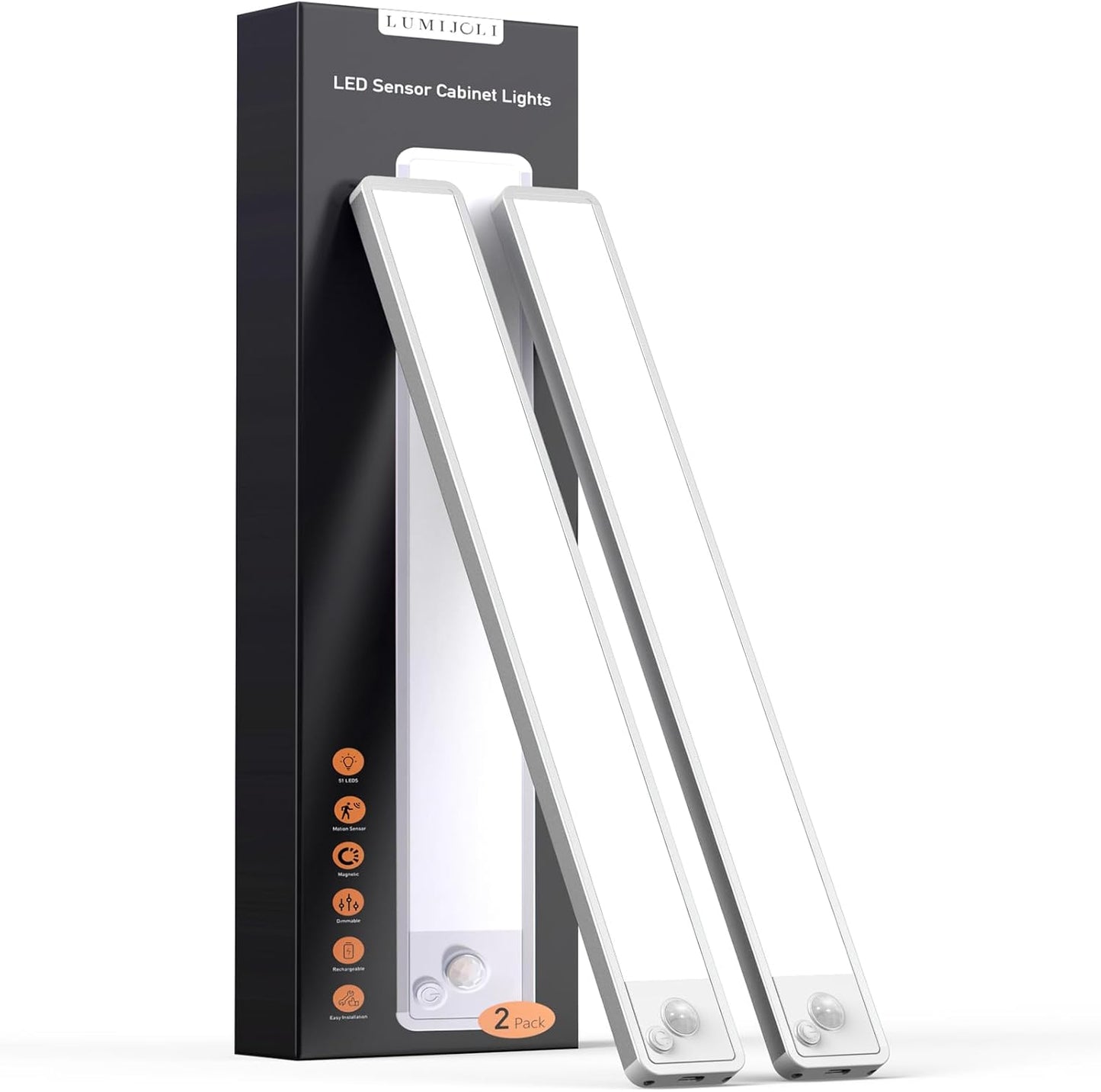 2 Pack Under Cabinet Lighting Wireless 14inch LED Motion Sensor Magnetic Light 2500maAh Rechargeable Indoor Closet Lights for Kitchen, Stairs Cool White