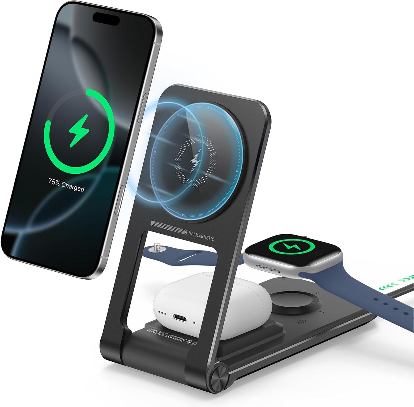 3 in 1 Charging Station for Apple Devices, Magnetic Wireless Charger Stand, 15W Foldable Travel Charging Dock for iPhone 17 16 15 14 13 12 Pro Max Plus Air & Apple Watch & AirPods 4 3 2 Pro, Black