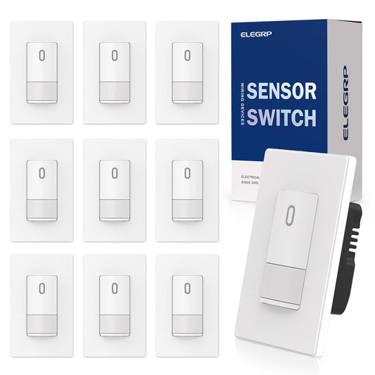 ELEGRP Occupancy Motion Sensor Light Switch, PIR Infrared Motion Activated Wall Switch, No Neutral Wire, Single Pole for CFL/LED/Incandescent Bulb, with Wall Plate, UL Listed (10 Pack, Matte White)