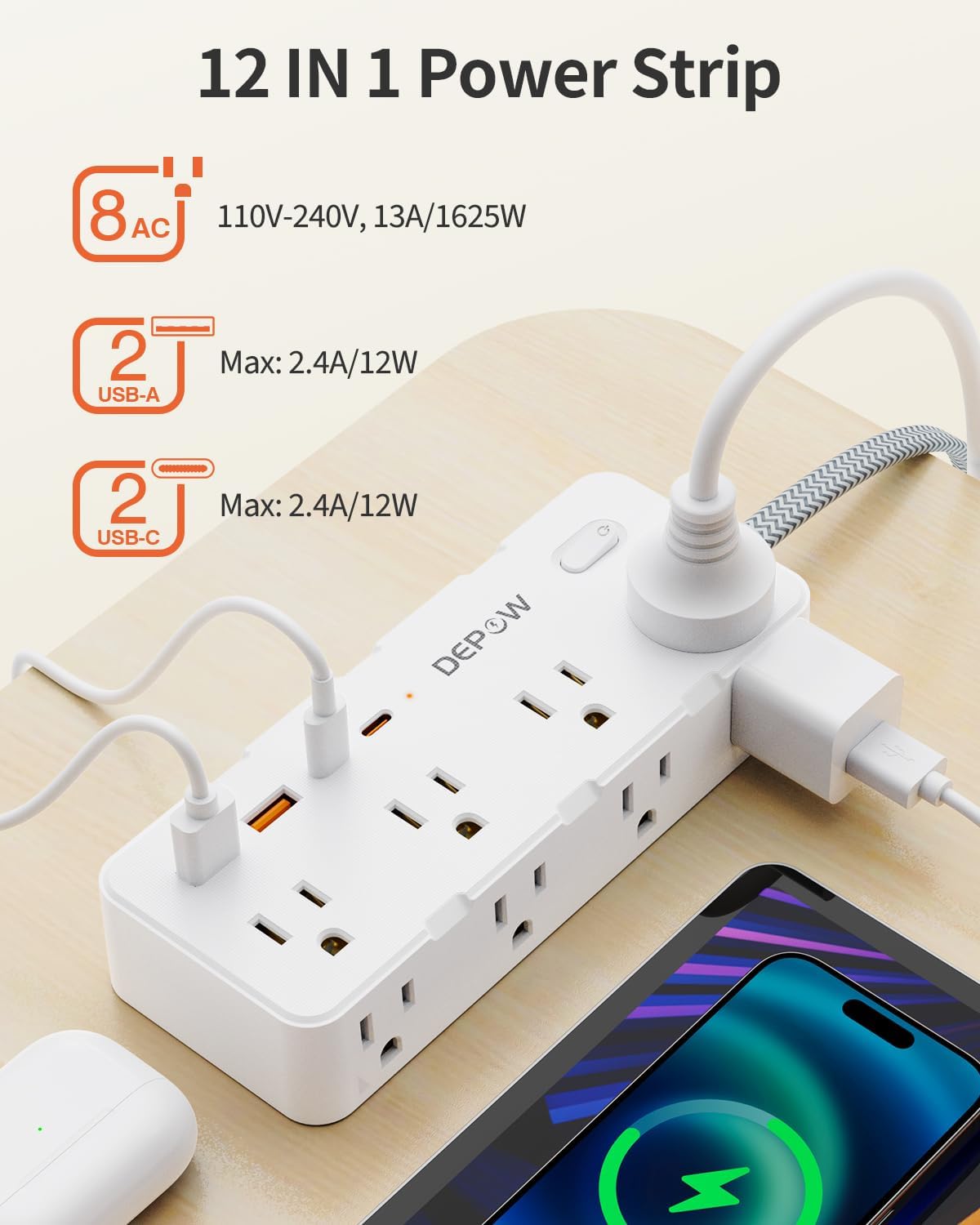 Power Strip Surge Protector, 5FT Braided Extension Cord with Multiple Outlets-8 AC Outlets 4 USB Ports (2 USB C), Flag Plug Charging Station, 1700 Joule Surge Protection for Home Office, White