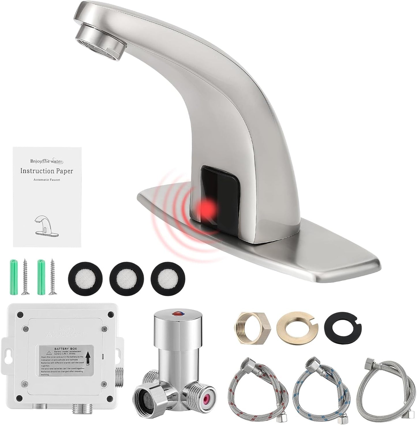 Touchless Bathroom Sink Faucet，Automatic Motion Sensor Faucets with 1 Hole Plate for Water Bath Commercial Lavatory Farmhouse, Brushed