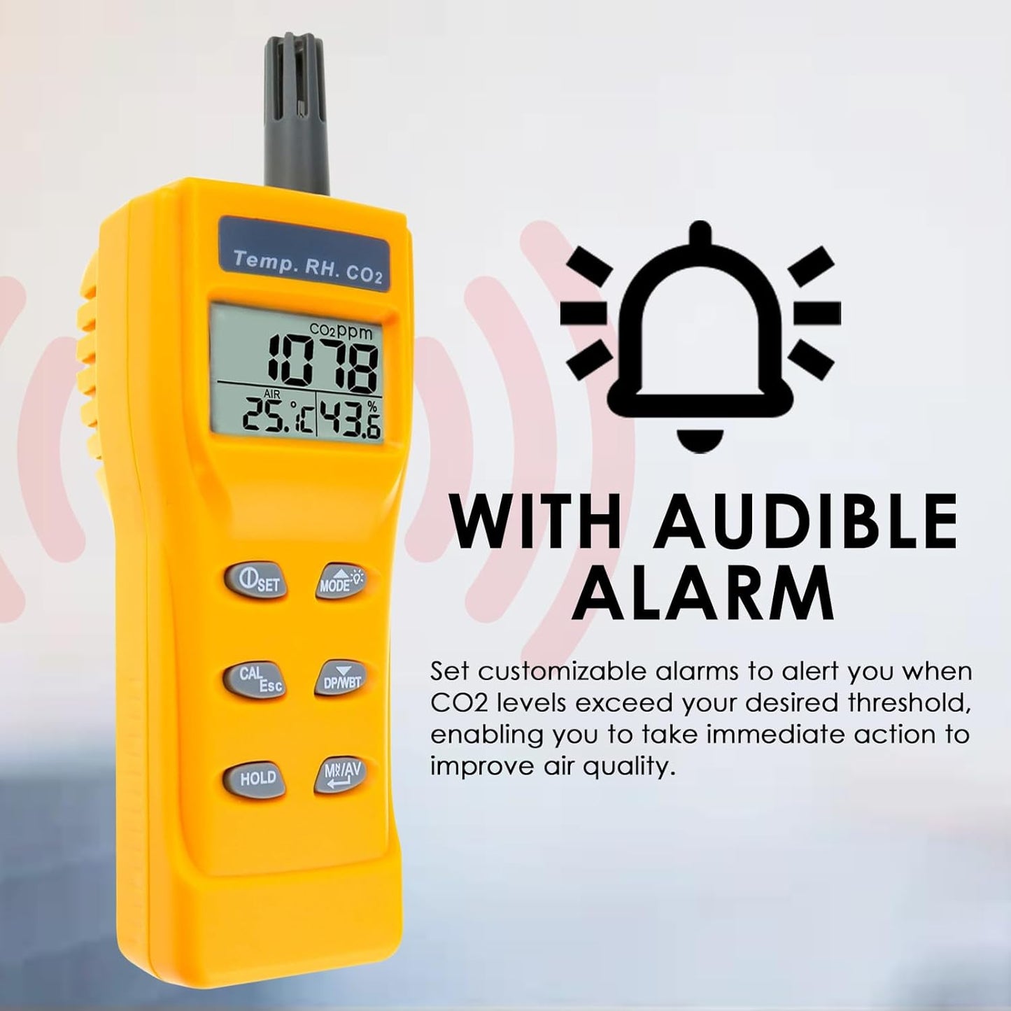 CO2 Meter Portable CO2 Detector Digital CO2 Monitor with Alarm Function Carbon Dioxide Temperature and Humidity Meter, NDIR CO2 Sensor Indoor Air Quality Monitor for Home Office Grow Room