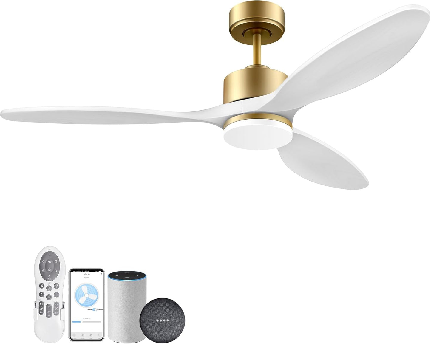 cumilo 52" Wood Smart Ceiling Fans with Remote,Quiet DC Motor,Dimmable,Control with Alexa Google Voice App,Outdoor Indoor Modern Ceiling Fan for Bedroom Patio,Gold and White