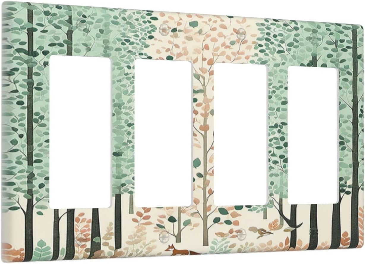 Boho Wildflower Forest Woodland Animals Wallplates 4 Gang Quad Rocker Decorative Light Switch Covers Electrical GFCI Faceplate Switch Plate for Bedroom Bathroom Decor