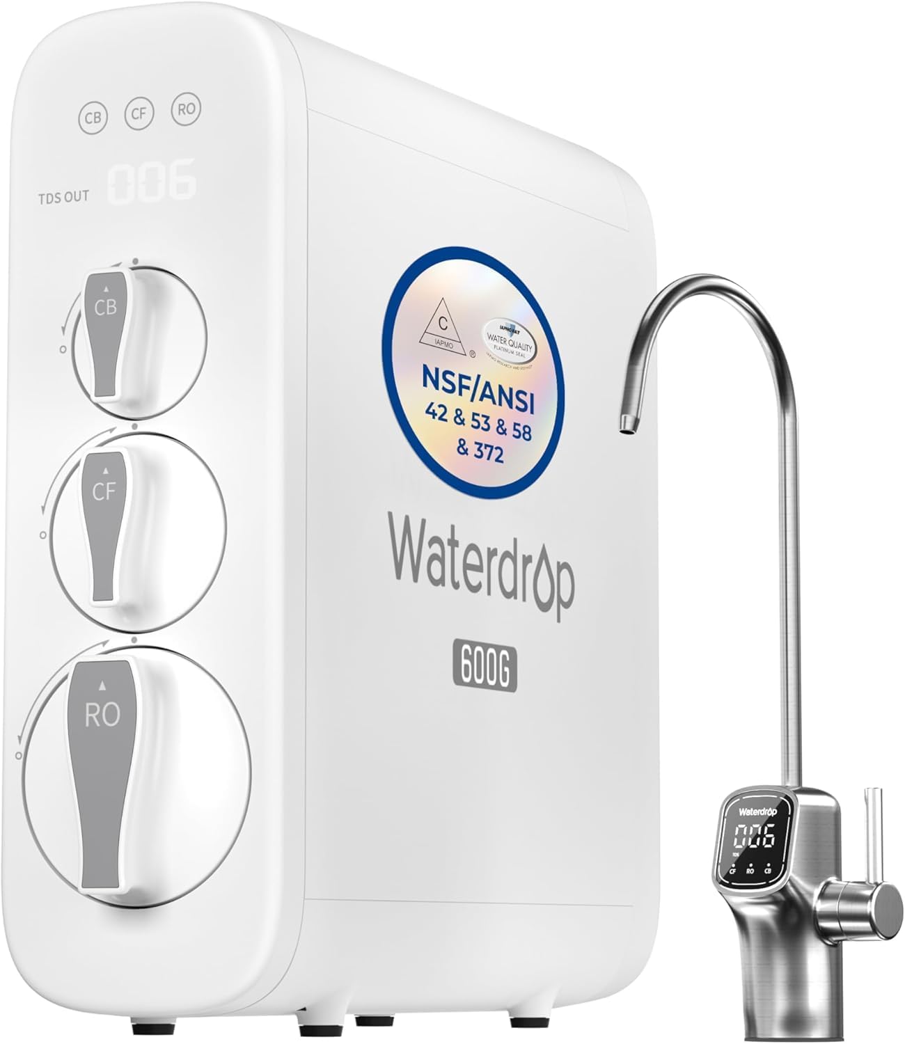 Waterdrop G3P600 Reverse Osmosis System, 8 Stage Tankless Reverse Osmosis Water Filter, NSF/ANSI 42 & 53 & 58 & 372 Certified, Under Sink RO System, 2:1 Pure to Drain, Smart LED Faucet