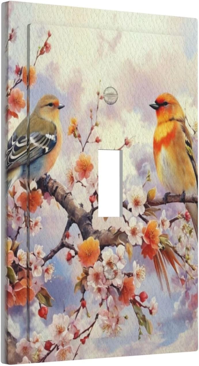 Birds Sitting on Flowers Tree Branch Light Switch Covers 1 Gang Single Toggle Wall Plate Decorative Switchcover Electrical Switchplate for Farmhouse Living Decor