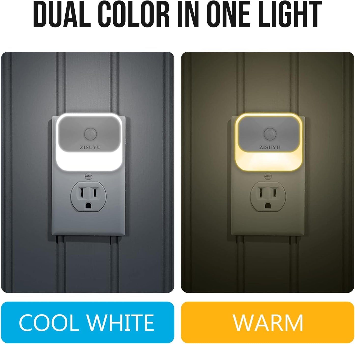 ZISUYU Motion Sensor Night Light Plug in with 3 Modes,Dual Colors,Dimmable,UL-Certified,Dusk to Dawn Sensor Nightlight Plug into Wall Ideal for Home Bathroom Kitchen Hallway Stair Toilet 2 Pack
