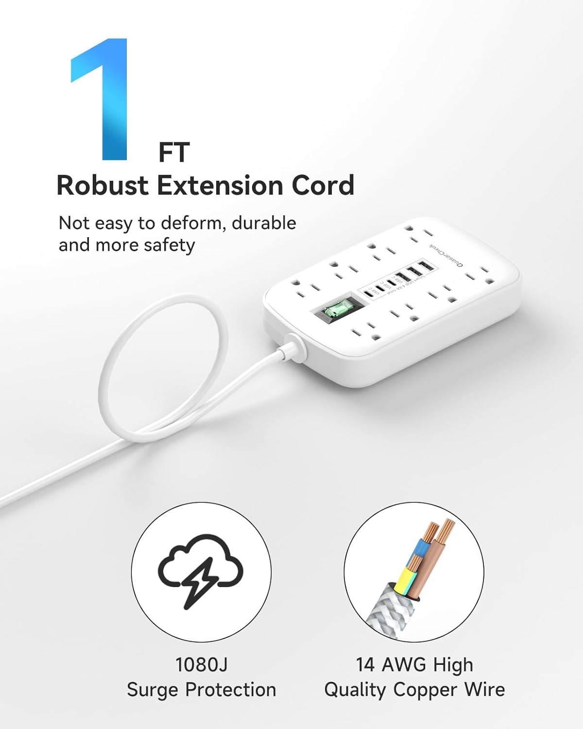 Short Extension Cord 1 ft - Small Power Strip Flat Outlet Extender Surge Protector with 8 AC Outlets 6 USB (5V/4.8A 24W), Mini Extension Cord Flat Wall Plug for Home Office Dorm Kitchen Bathroom