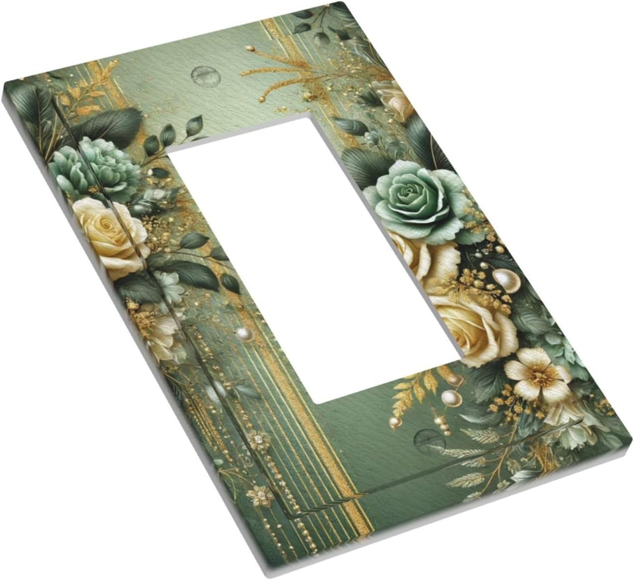 Decorative Outlet Covers Rustic Green Floral Leaves Teal Flowers Gold Stripe 1 Gang Single Decora GFCI Device Light Switch Covers Plate 1 Rocker Wall Plate Jumbo Faceplate