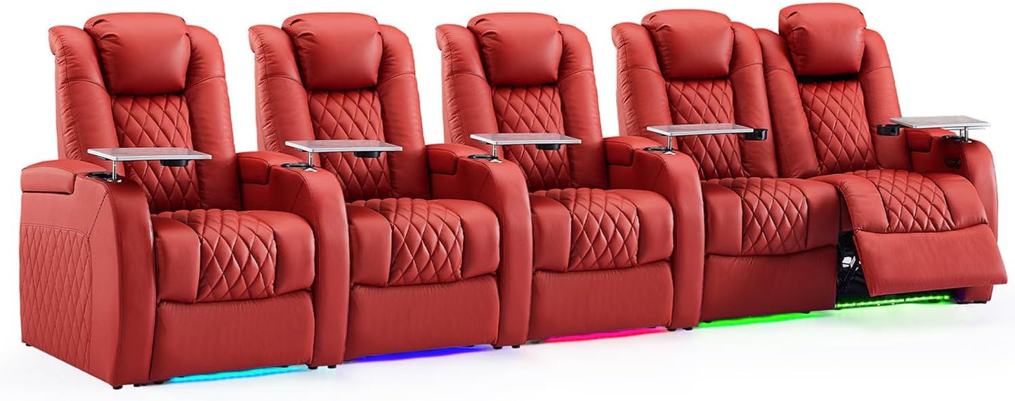 Weilianda Home Theater Seating Top Grain Leather Zero Gravity Recliner Chair Power Headrest Recline Movie Seat Gaming 7 Colors Mood Light Sofa with Tray Table USB Charge Row of 5 Loveseat Right Red