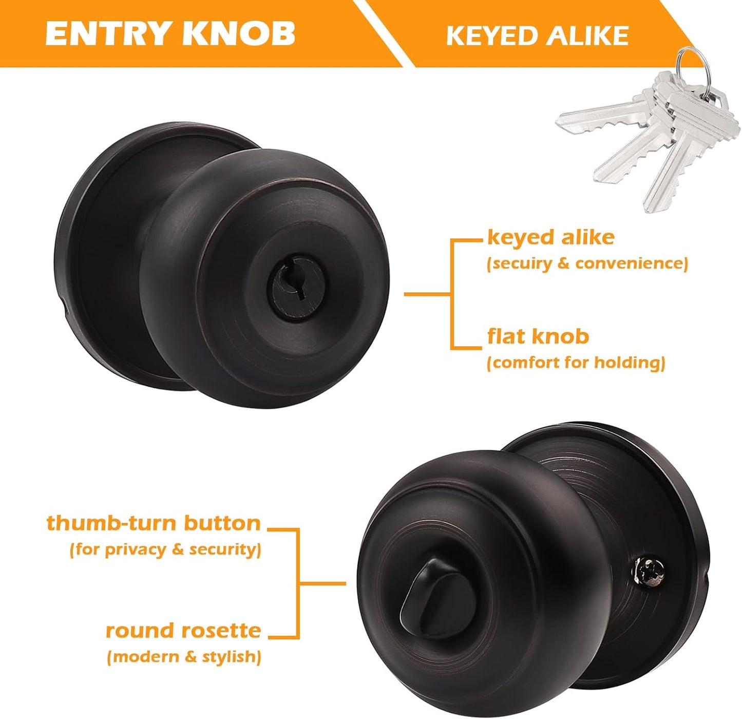 Gobrico Flat Ball Round Keyed-Alike Entry Knob for Exterior Door Oil Rubbed Bronze Finished Same Key Pack of 5