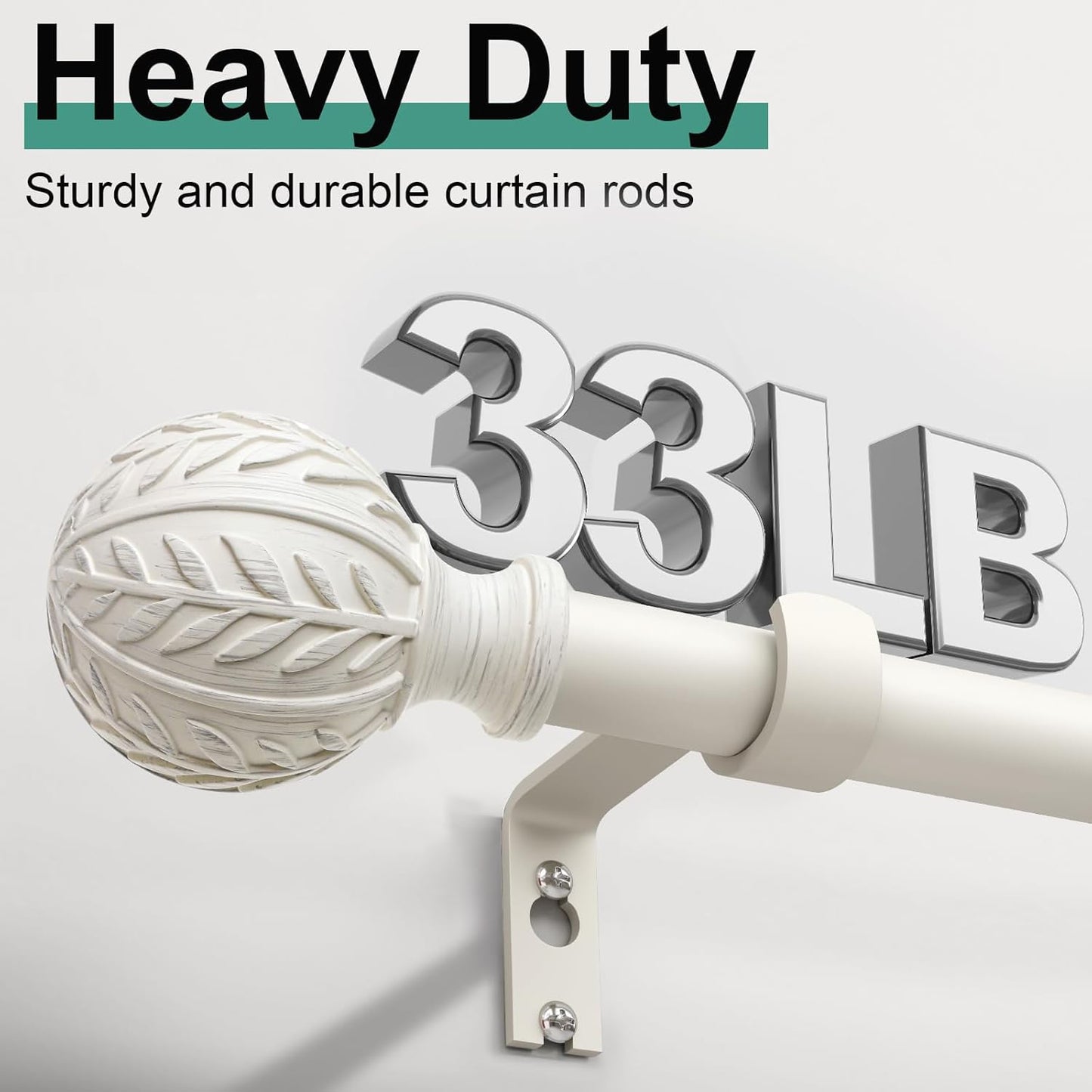 2 Pack Antique White Curtain Rods for Windows 48 to 84 inch,1" Adjustable Heavy Duty Window Curtain Rod with Leaf Finials,Rustic Decorative Drapery Rods Set,Size:36-88''