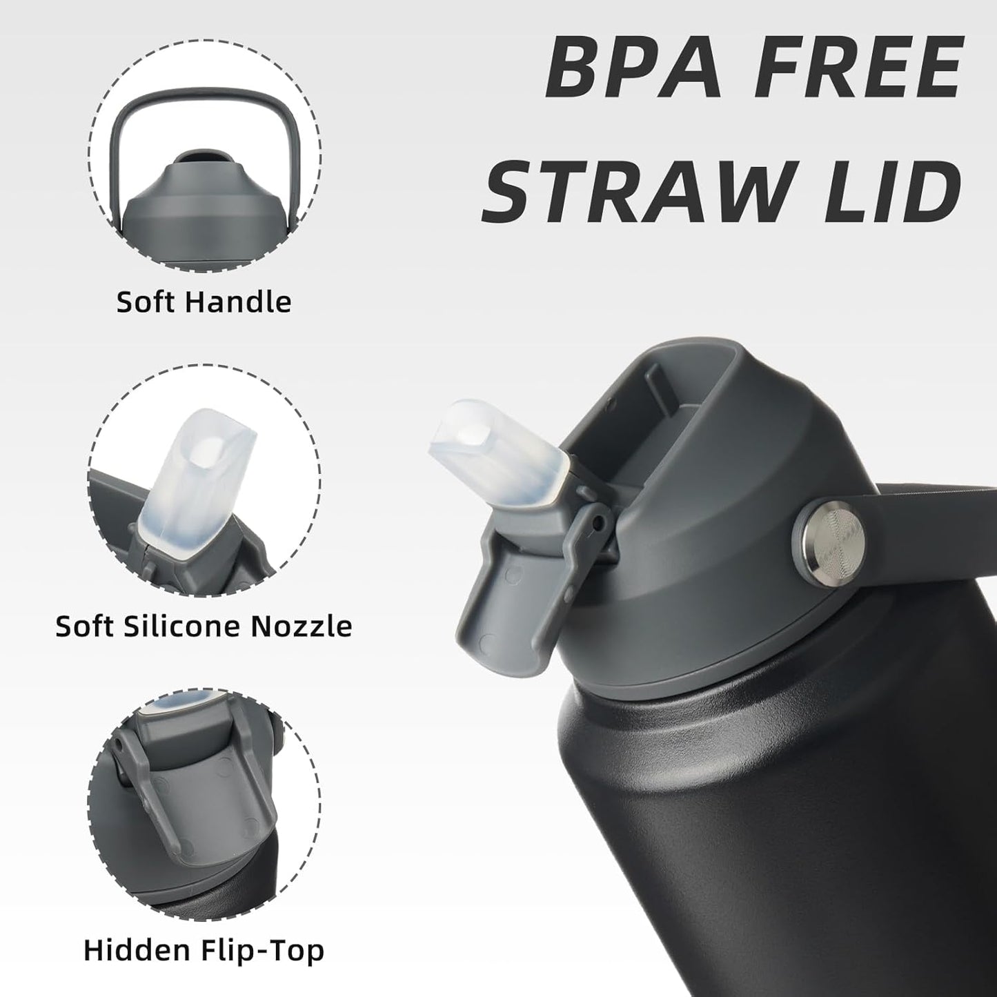 BJPKPK Water Bottle with Straw Lid, 32oz Vacuum Insulated Water Bottles, Metal Stainless Steel Thermo for Sports, Travel, BPA Free Leak Proof Thermo, Cups, Flasks, Tumblers,Black