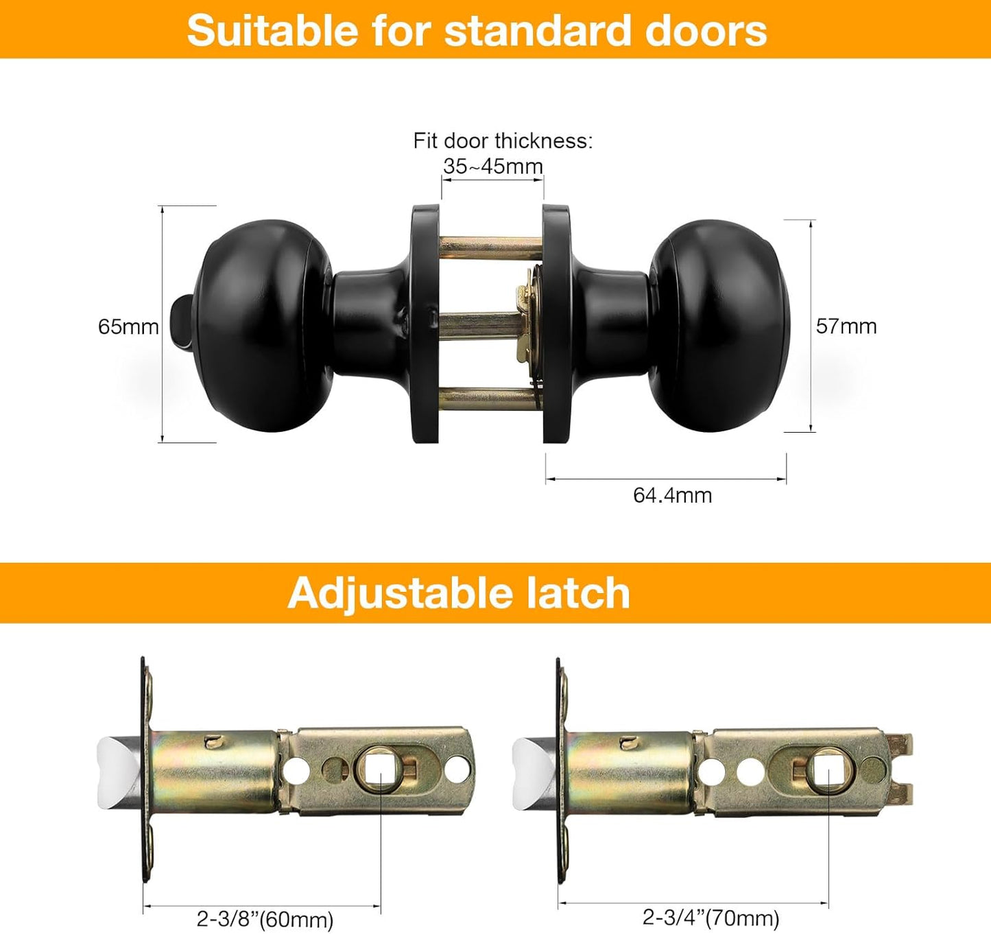 Gobrico 2 Pack Keyed-Alike Exterior Door Knobs with Key Matte Black Entry Door Knob Flat Ball Door Locksets with Same Key and Lock Front Door Knob