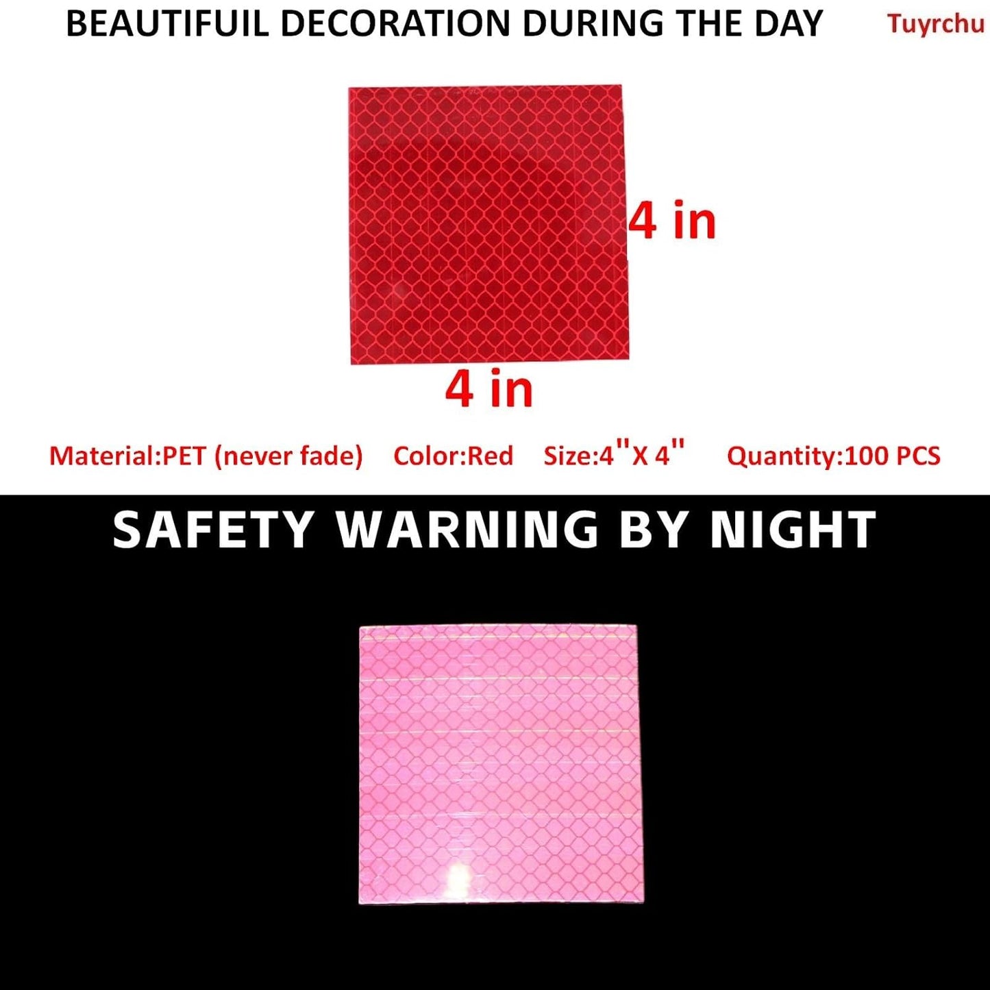Non Fading Red Reflective Stickers 4 inch X 4 inch, Outdoor Waterproof High Visibility Warning Safety Adhesive Reflector Tape (100 Pcs)