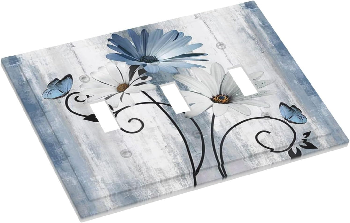 Decorative Light Switch Cover Plate Rustic Blue White Daisy Ink Flower 3 Gang Wall Plates for Electrical Outlets Triple Toggle Switch Plate Covers Outlet Covers Faceplate for Home Decor