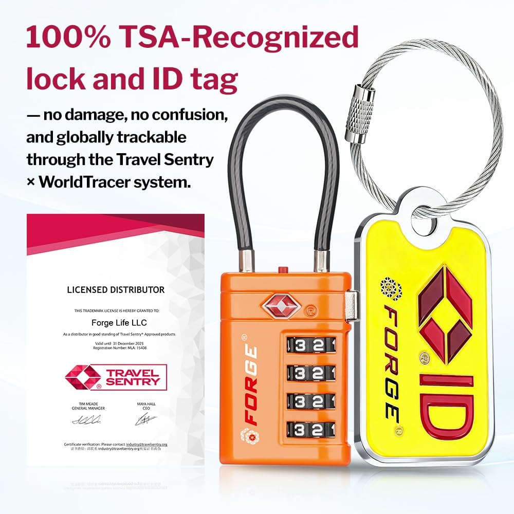 Forge TSA Approved Cable Luggage Locks with TSA008, 4-Digit Combination & Open Alert Indicator, Zinc Alloy Body, 2 Orange Travel Locks with 2 TSID Smart Lost & Found Tags for Luggage & Suitcase