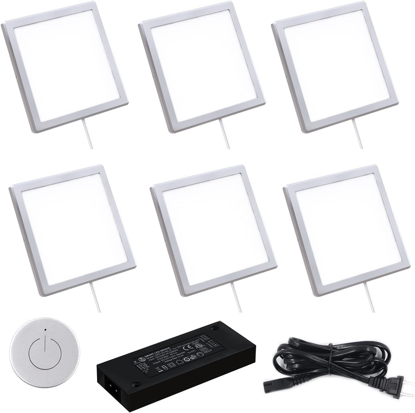 VST Under Cabinet Mini Panel Lighting 6PCS 3.94inch 12V 2.5W(Total 15W) with Wireless Dimmer Switch, Surface Mount Puck Light for Kitchen Van Truck Car Galley Downlight (Square Silver 4000K)