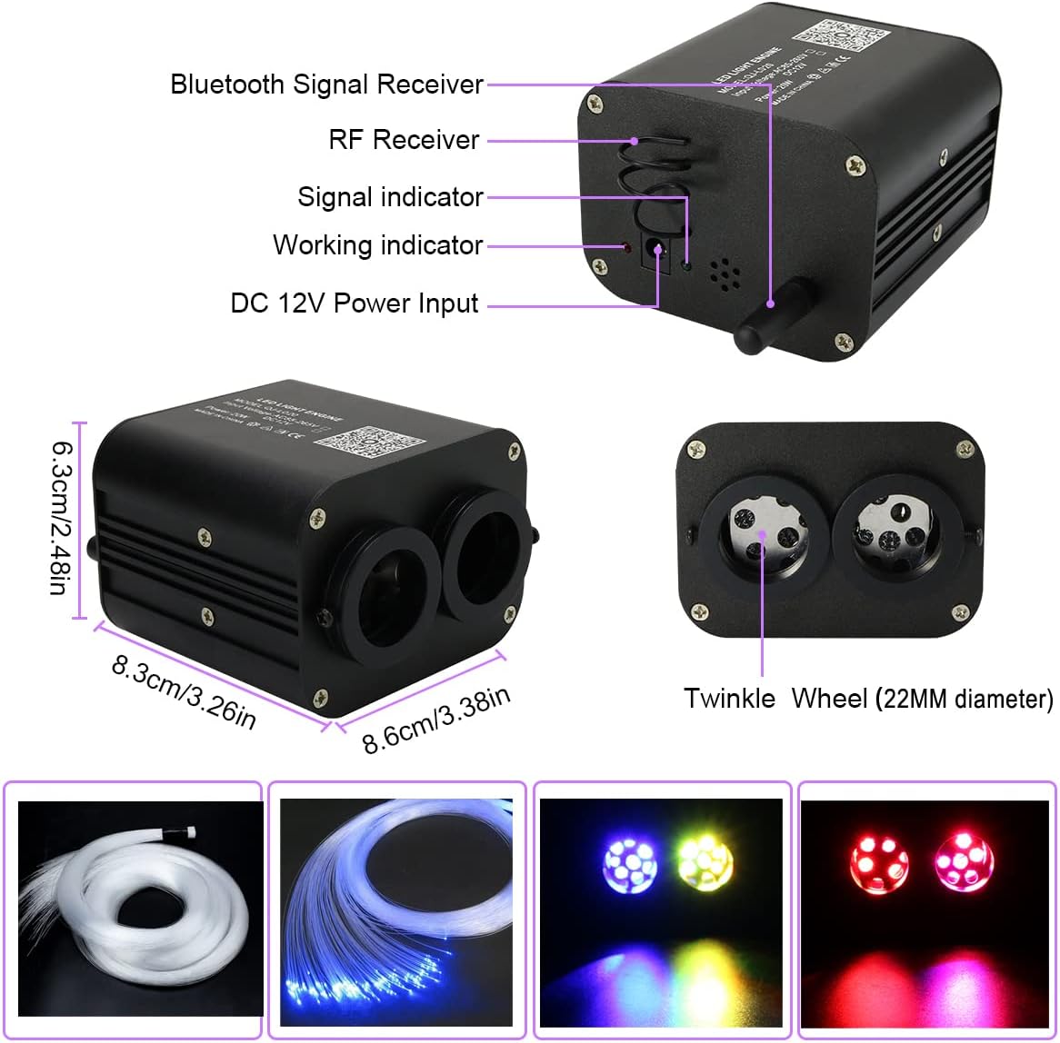 AZIMOM Dual Color 20W Fiber Optic Light Source RGBW Light Box Engine Diver Bluetooth/RF Remote Control Music Sensor Mode for Car/Home Star Ceiling Effect Decoration